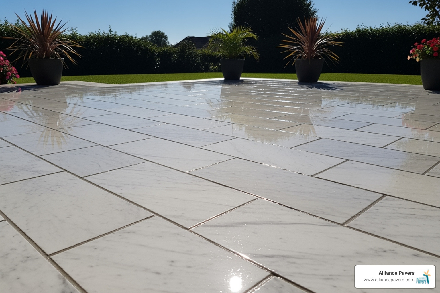 freshly sealed marble paver patio glistening - Marble Paver Installation