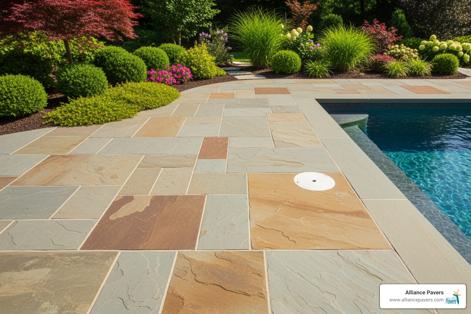 An neat flagstone pool deck integrated with landscaping - custom pool decks