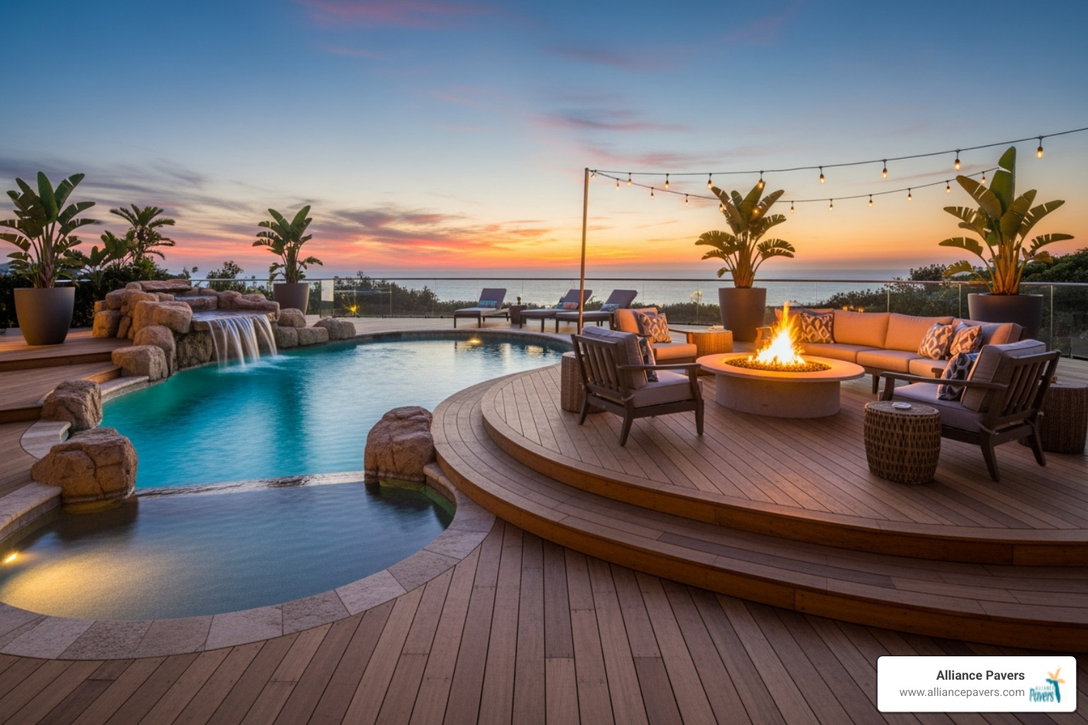 A multi-level pool deck with a fire pit and seating area - custom pool decks