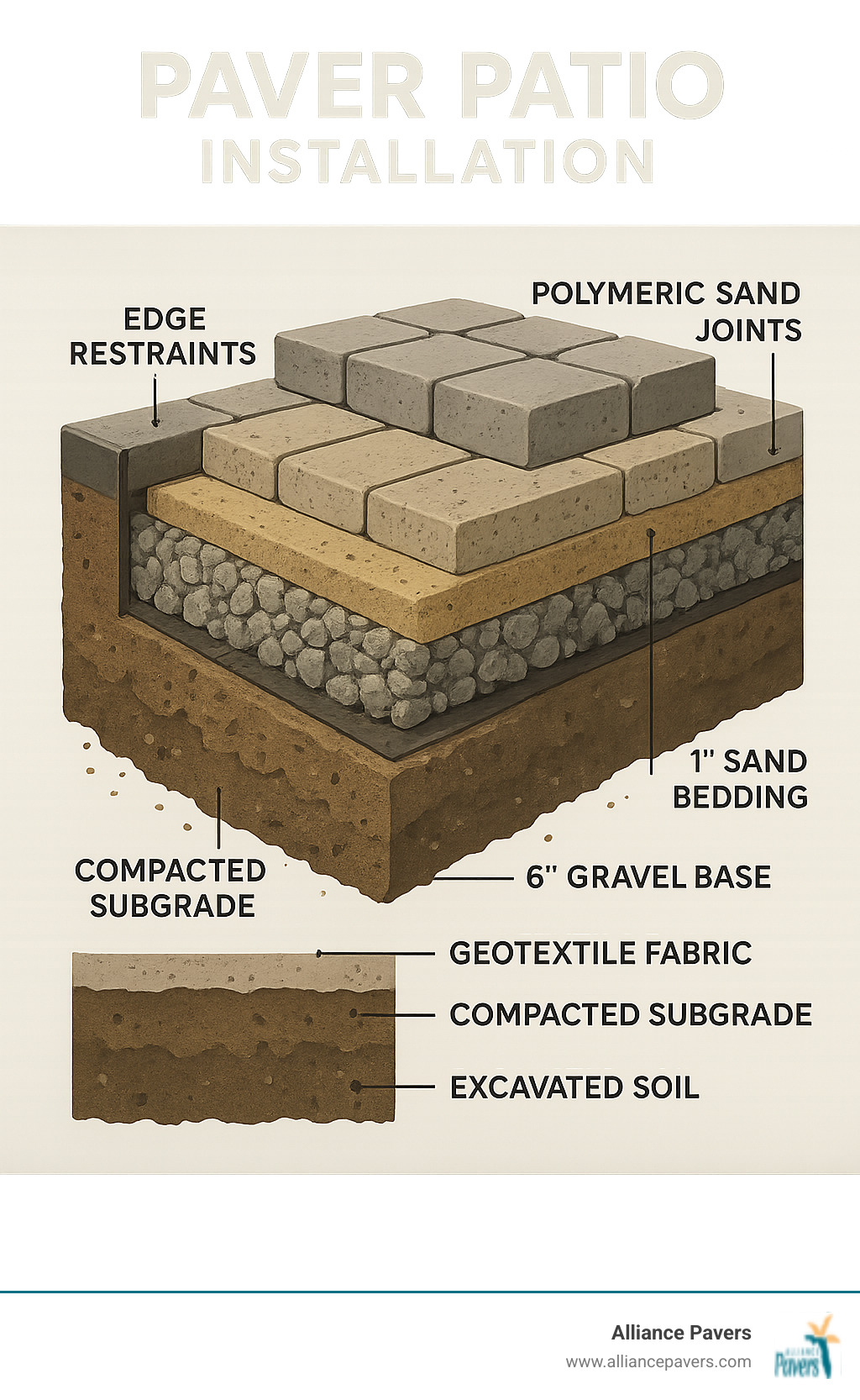 Detailed cross-section diagram of paver patio installation showing excavated soil, compacted subgrade, geotextile fabric, 6-inch gravel base layer, 1-inch sand bedding, interlocking pavers, edge restraints, and polymeric sand joints with proper drainage slope - paver patio infographic 
