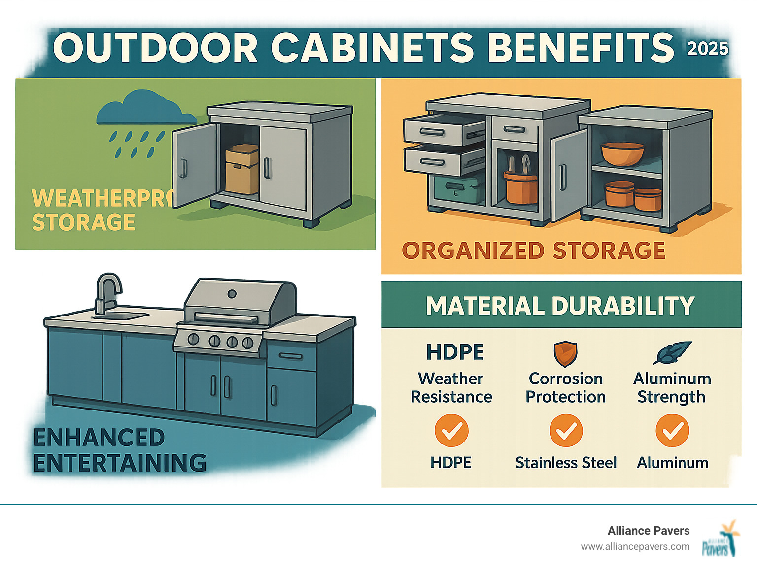 Comprehensive infographic showing outdoor cabinet benefits including weatherproof storage compartments protecting contents from rain and humidity, organized tool and supply storage with pull-out drawers and adjustable shelving, improved outdoor entertaining spaces with integrated appliances, and material durability comparisons highlighting HDPE weather resistance, stainless steel corrosion protection, and aluminum lightweight strength - outdoor cabinets infographic 