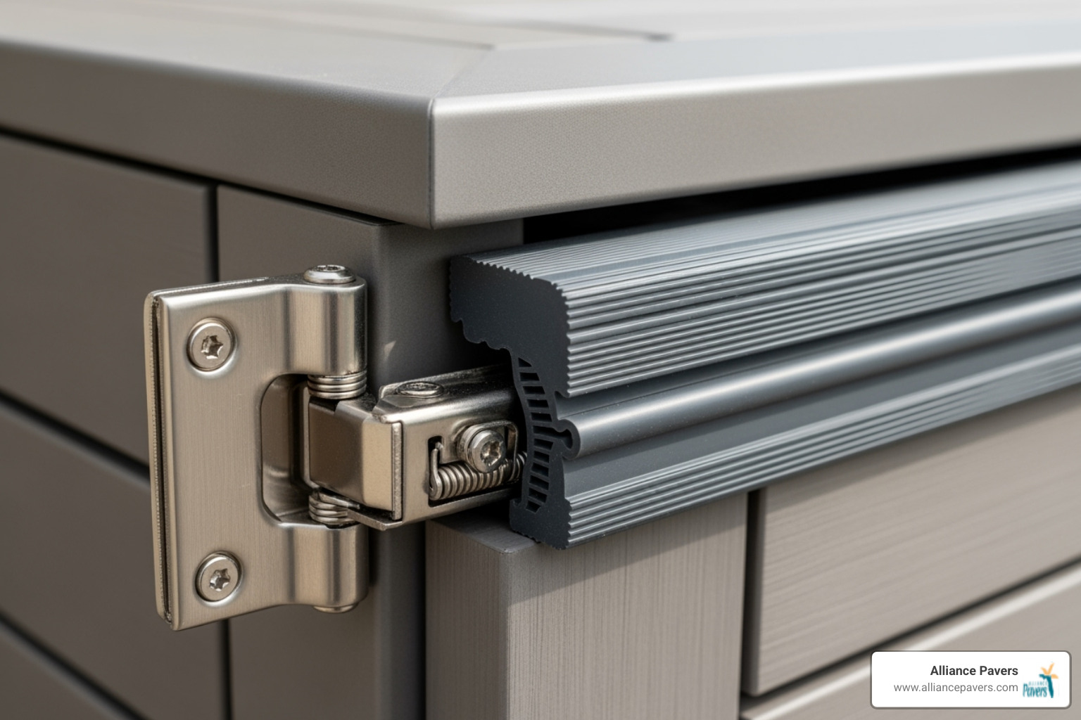 close-up on a soft-close stainless steel hinge and a weatherproof cabinet seal - outdoor cabinets
