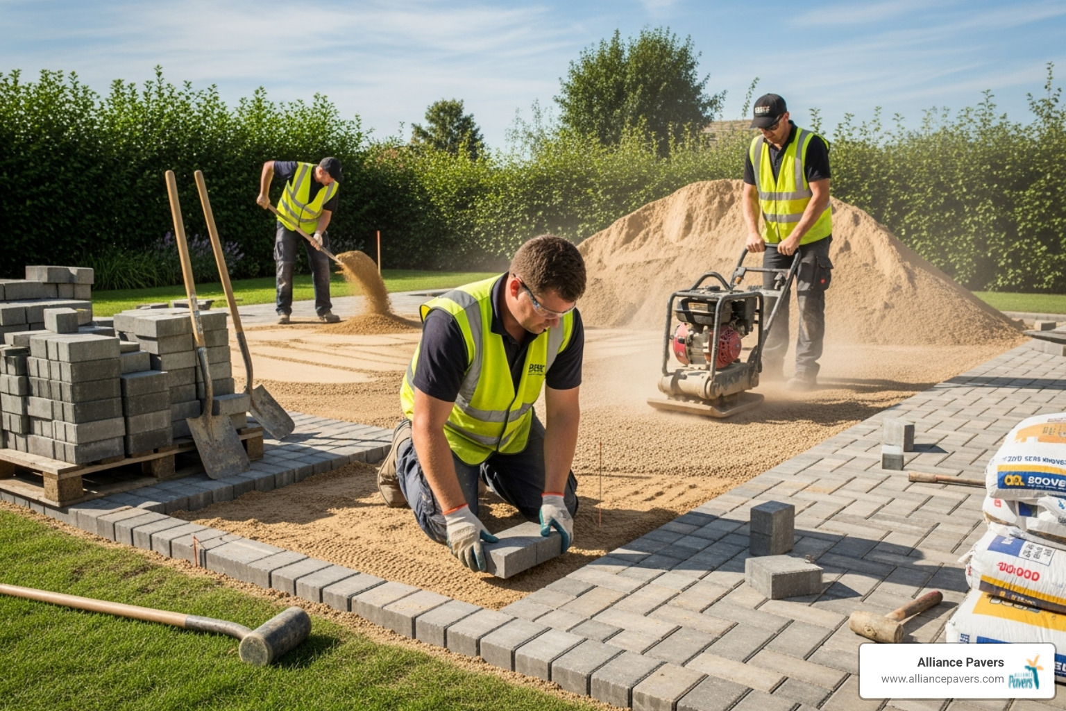professional paver installation team at work - paver patio cost professional paver installation team at work - paver patio cost