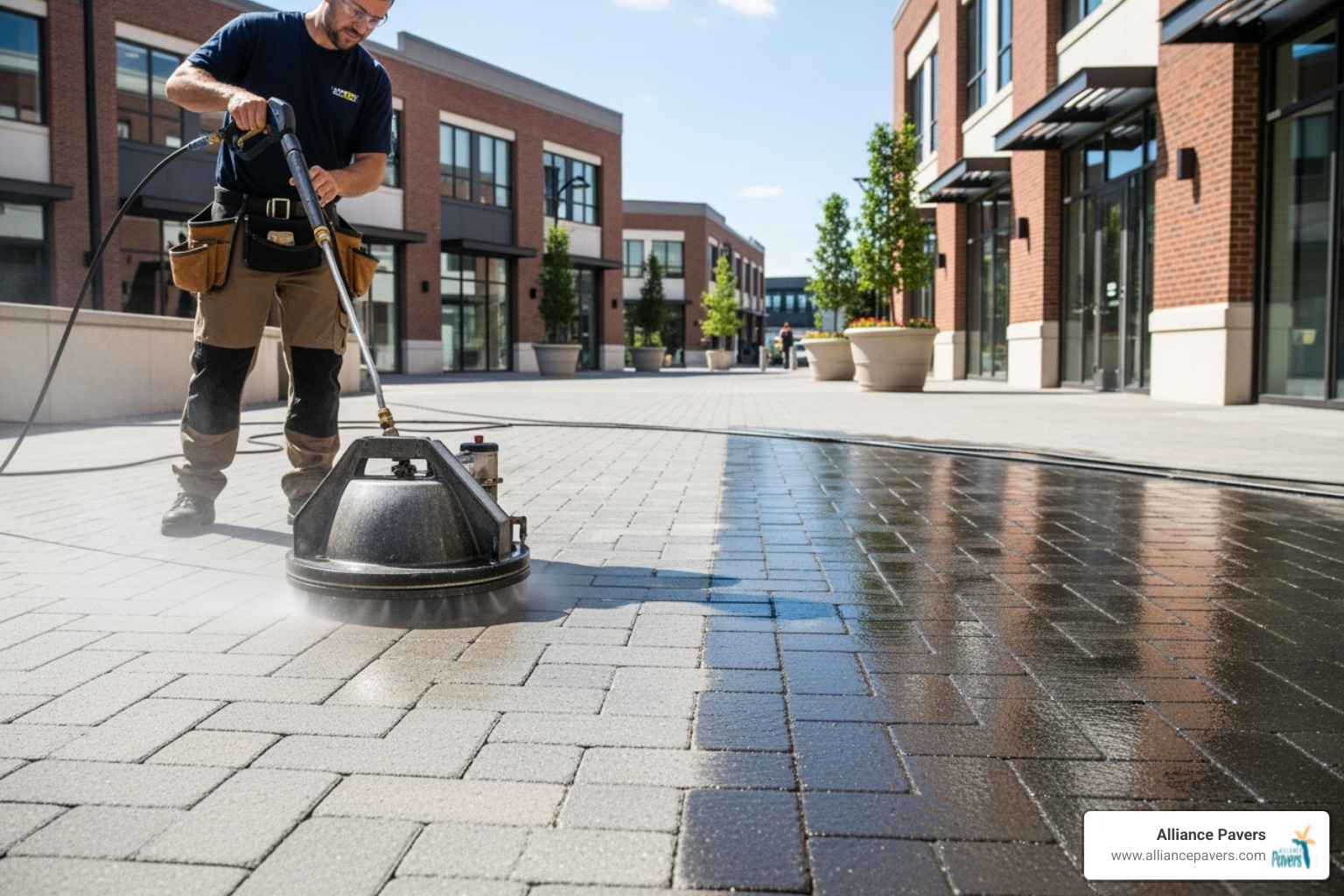 professional using a surface cleaner attachment on a pressure washer - Commercial paver cleaning professional using a surface cleaner attachment on a pressure washer - Commercial paver cleaning