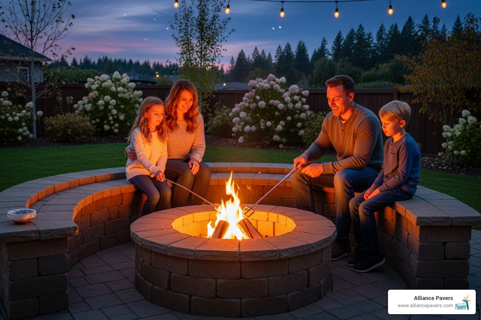 family gathered around a fire pit with an integrated seating wall at dusk - seating walls installation orlando family gathered around a fire pit with an integrated seating wall at dusk - seating walls installation orlando