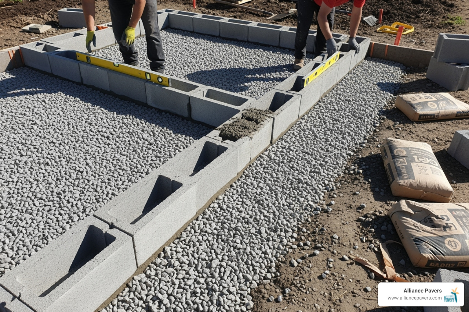 seating wall under construction, showing the compacted gravel base and first course of blocks - seating walls installation orlando seating wall under construction, showing the compacted gravel base and first course of blocks - seating walls installation orlando
