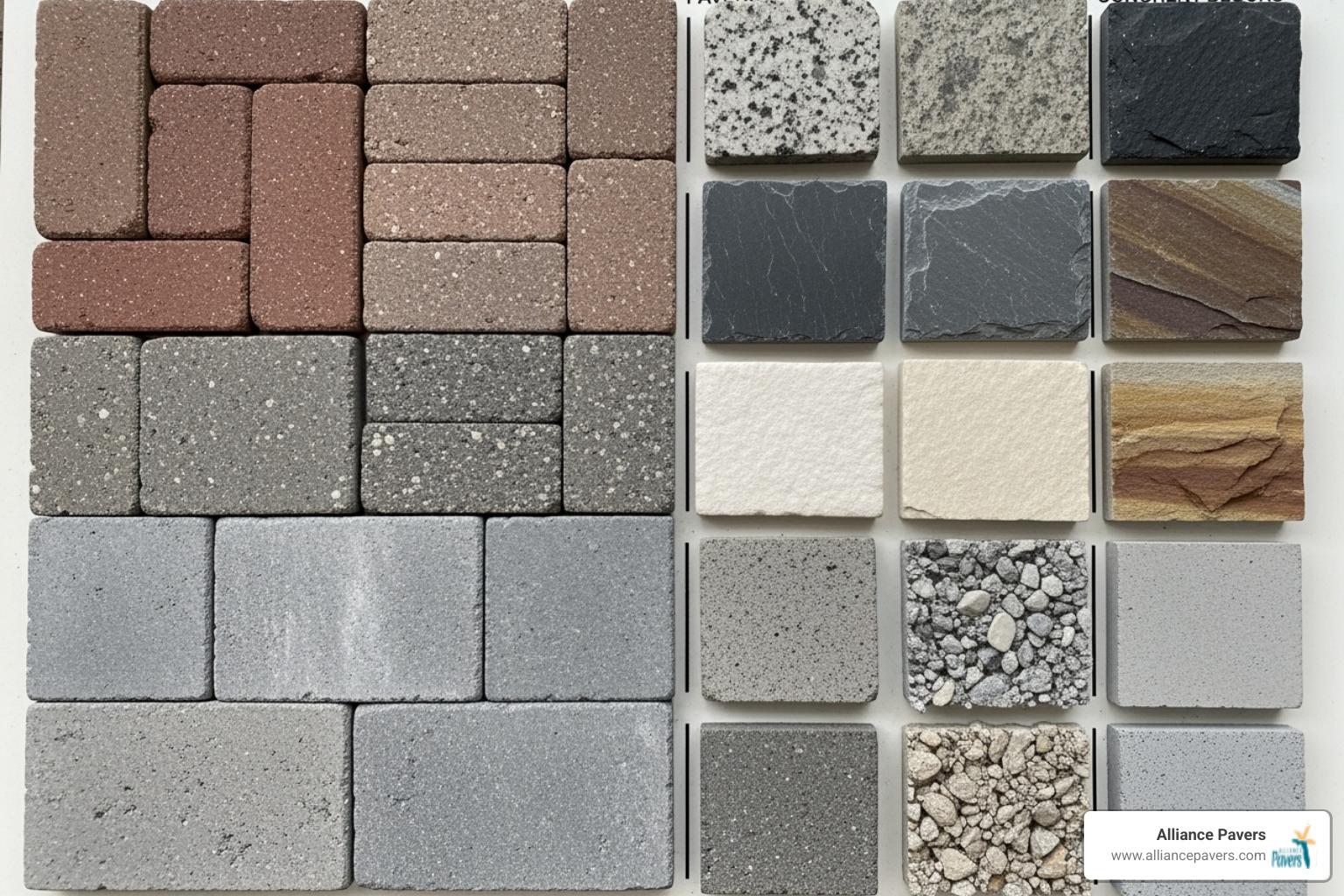 material swatch showing paver, natural stone, and concrete block options - seating walls installation orlando material swatch showing paver, natural stone, and concrete block options - seating walls installation orlando