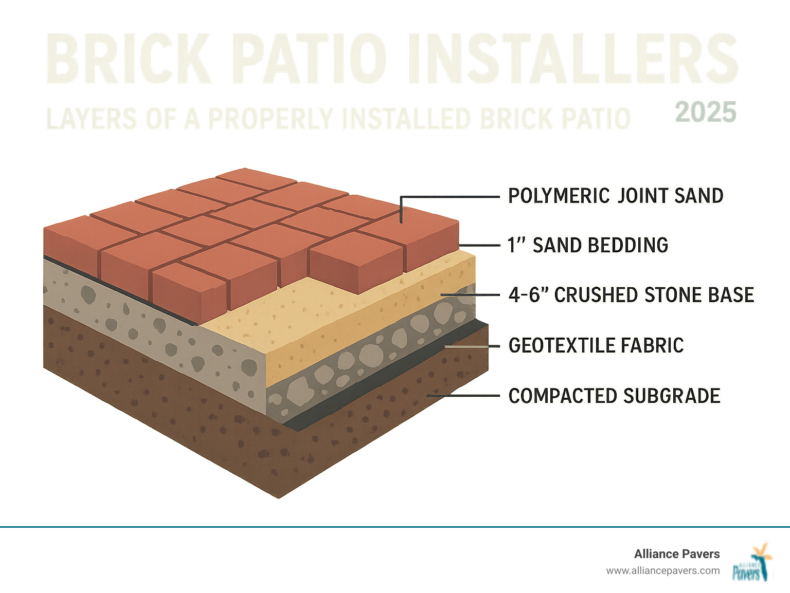 Cross-section diagram showing the essential layers of a properly installed brick patio: compacted subgrade soil at bottom, geotextile fabric layer, 4-6 inch crushed stone base, 1 inch sand bedding layer, brick pavers on top, and polymeric joint sand filling the gaps between pavers - brick patio installers infographic Cross-section diagram showing the essential layers of a properly installed brick patio: compacted subgrade soil at bottom, geotextile fabric layer, 4-6 inch crushed stone base, 1 inch sand bedding layer, brick pavers on top, and polymeric joint sand filling the gaps between pavers - brick patio installers infographic