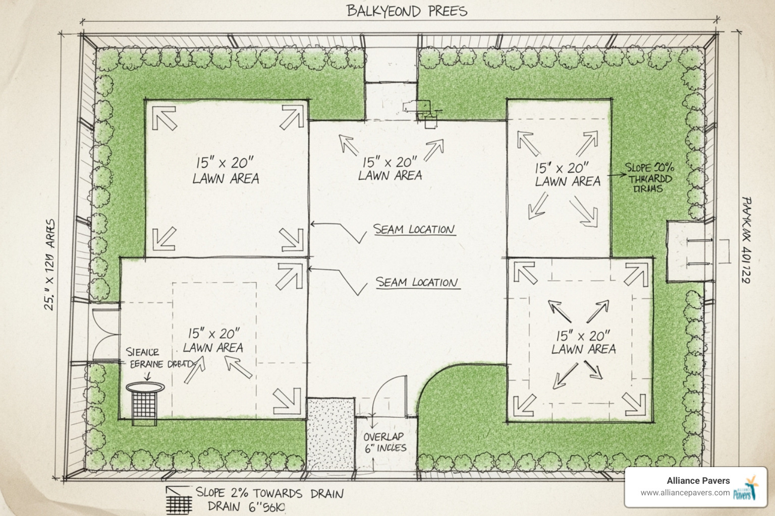A detailed sketch of a backyard on paper, showing various sections with arrows indicating the intended direction of artificial turf blades, along with measurements and notes for drainage and seaming. - residential artificial grass installation A detailed sketch of a backyard on paper, showing various sections with arrows indicating the intended direction of artificial turf blades, along with measurements and notes for drainage and seaming. - residential artificial grass installation
