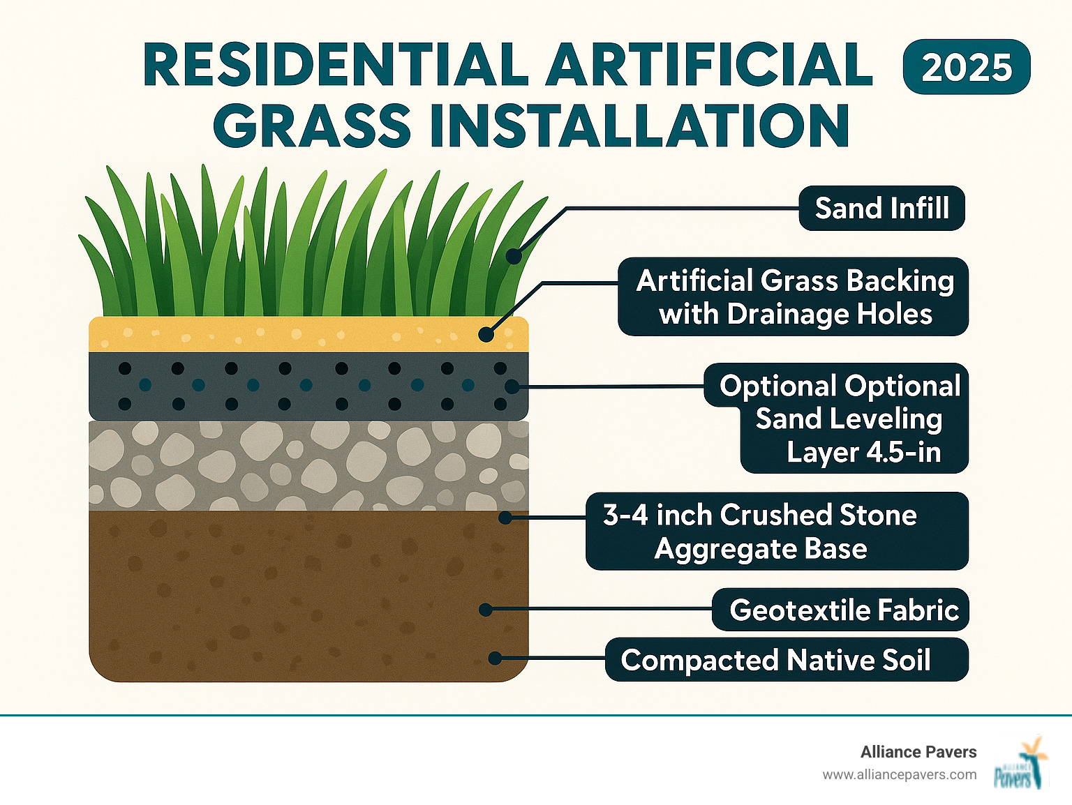 Detailed cross-section diagram showing artificial turf installation layers from bottom to top: compacted native soil, geotextile fabric, 3-4 inch crushed stone aggregate base, optional sand leveling layer, artificial grass backing with drainage holes, grass fibers, and sand infill between blades - residential artificial grass installation infographic Detailed cross-section diagram showing artificial turf installation layers from bottom to top: compacted native soil, geotextile fabric, 3-4 inch crushed stone aggregate base, optional sand leveling layer, artificial grass backing with drainage holes, grass fibers, and sand infill between blades - residential artificial grass installation infographic