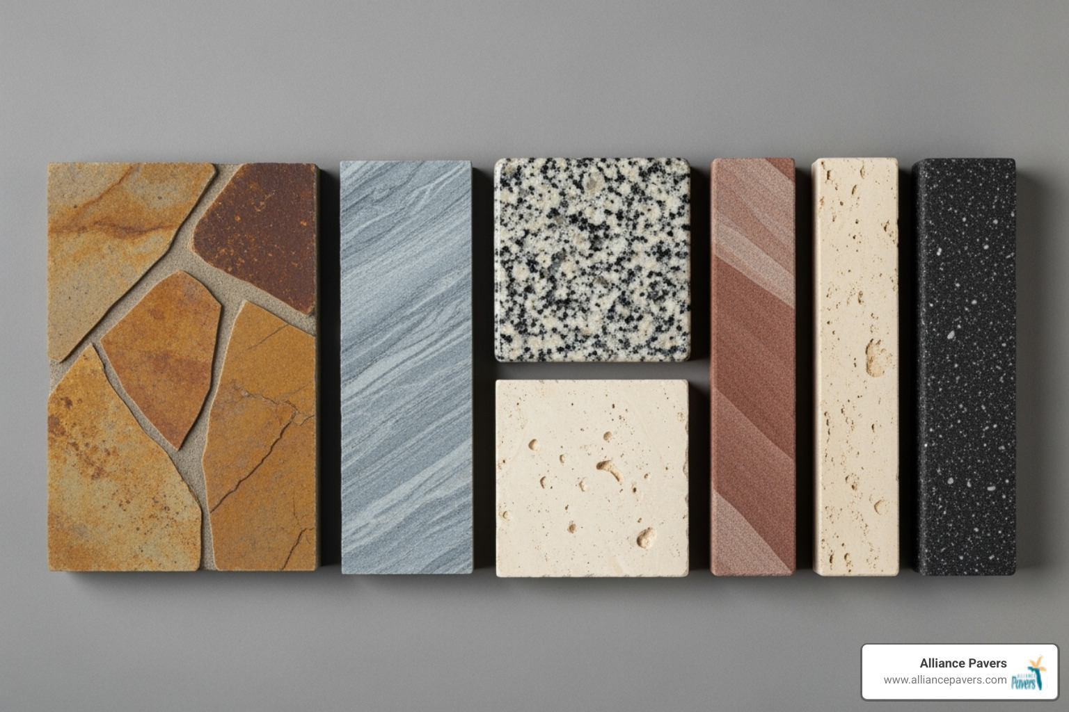 of various natural stone types like flagstone, bluestone, and granite side-by-side - how much does a custom stone patio cost