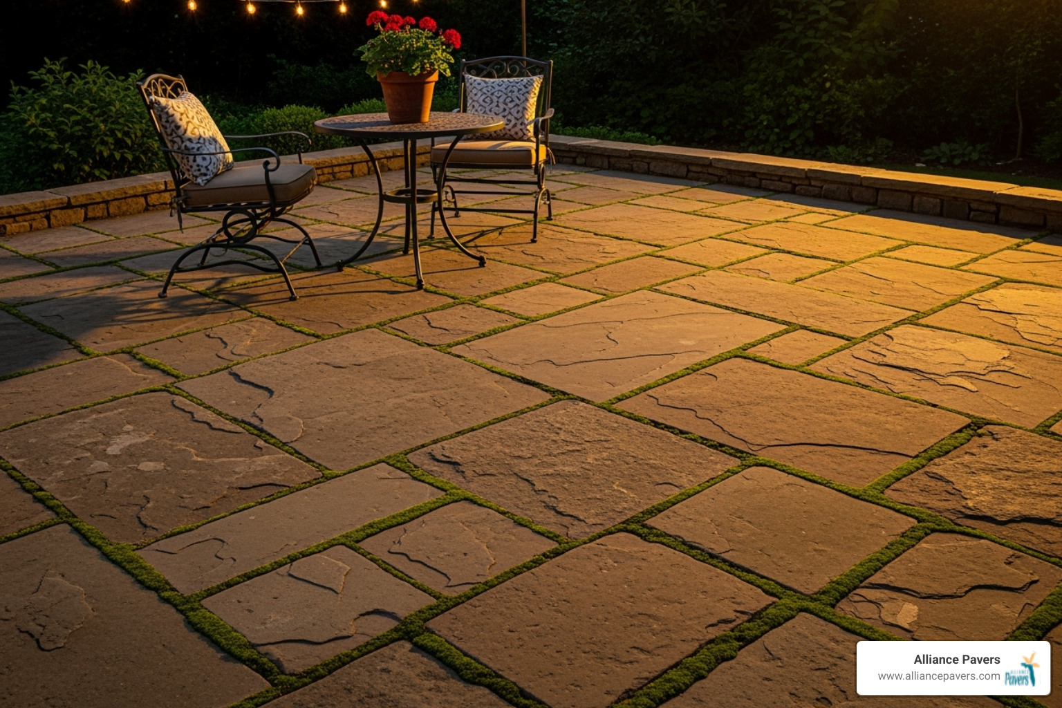 of a well-maintained, aged stone patio that still looks beautiful - how much does a custom stone patio cost