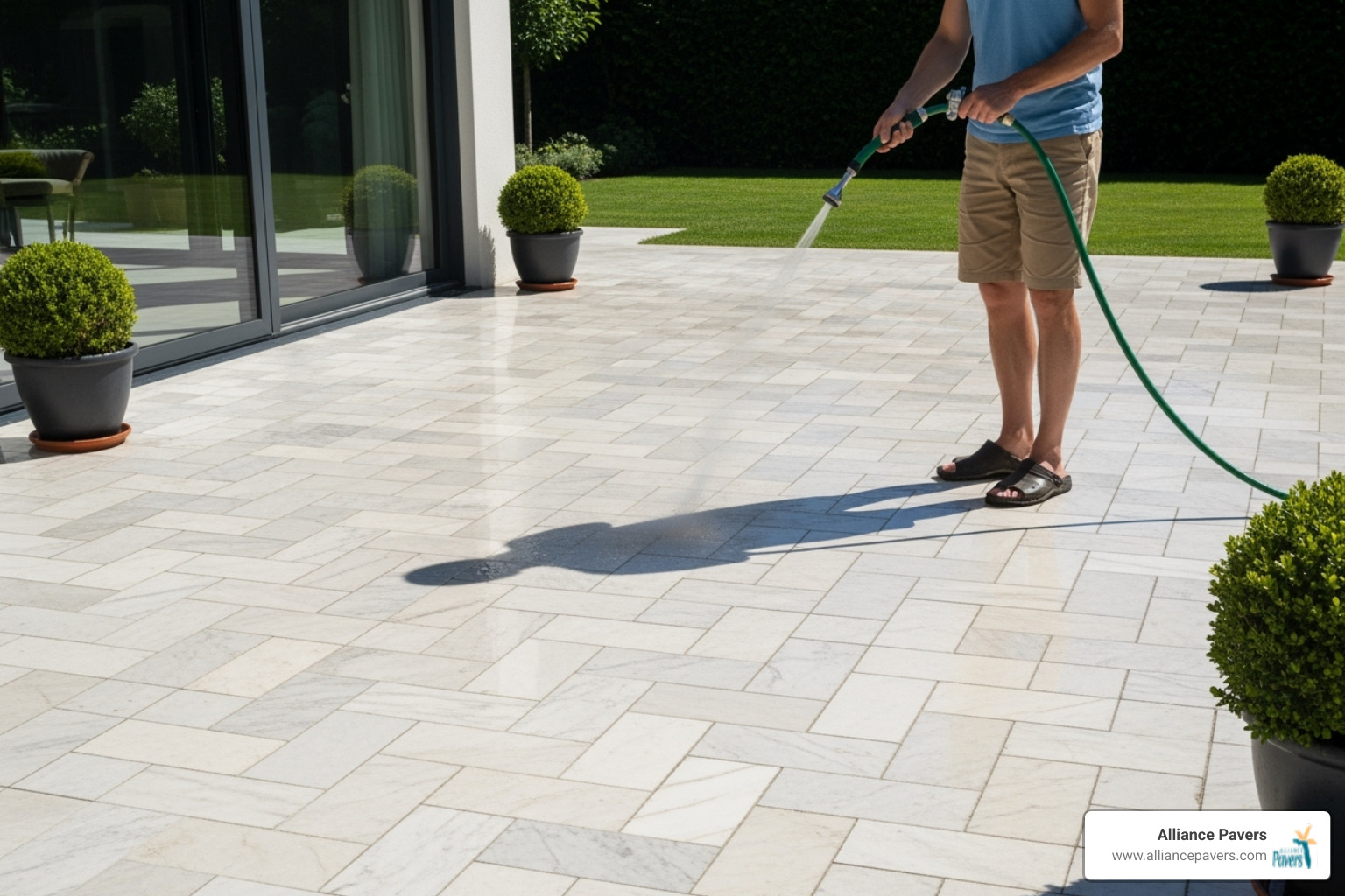 Image of a homeowner gently hosing down their clean marble paver patio. - Outdoor marble pavers