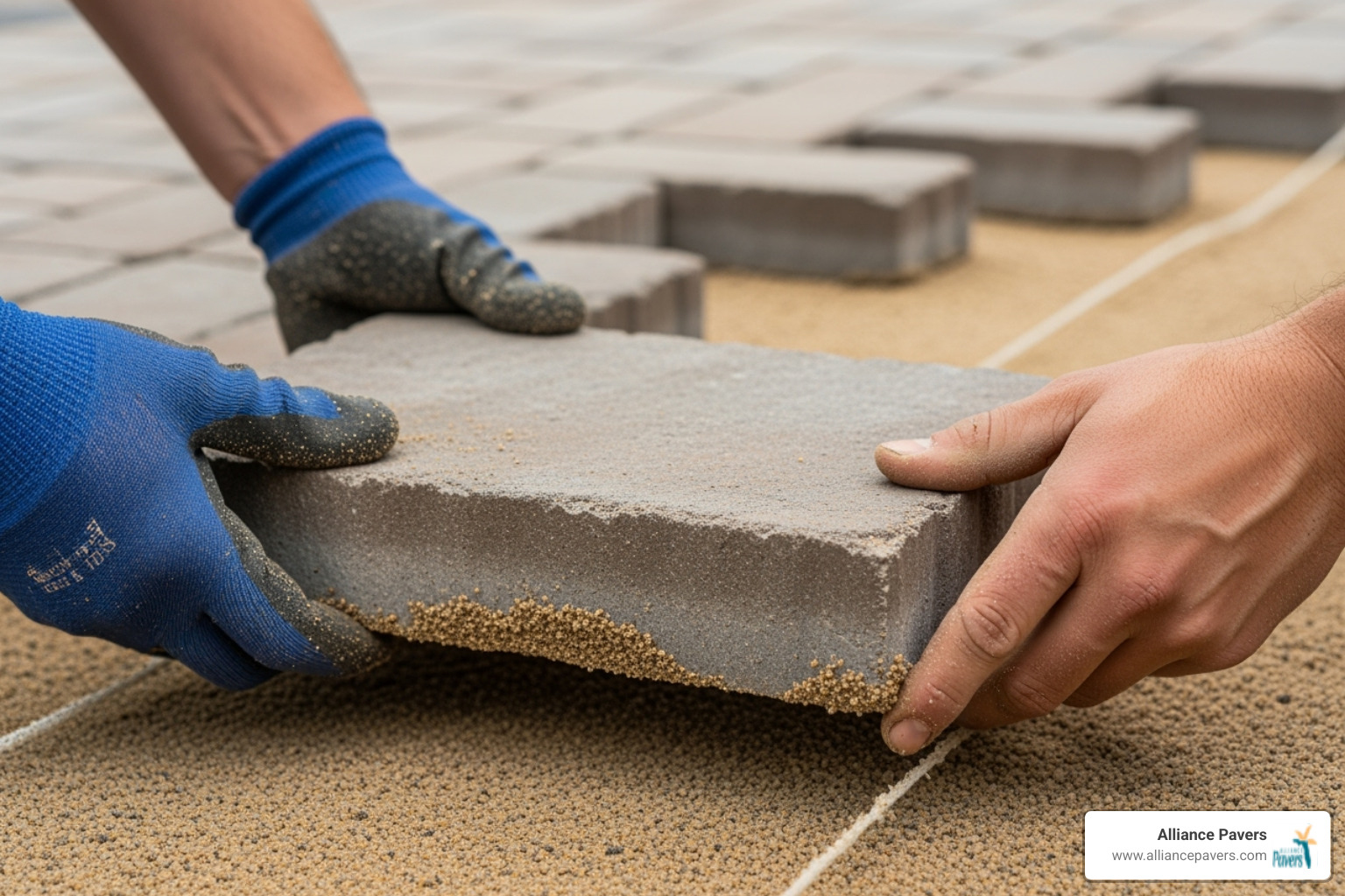 person carefully laying a stone paver into a sand bed - Stone Patio Installation person carefully laying a stone paver into a sand bed - Stone Patio Installation