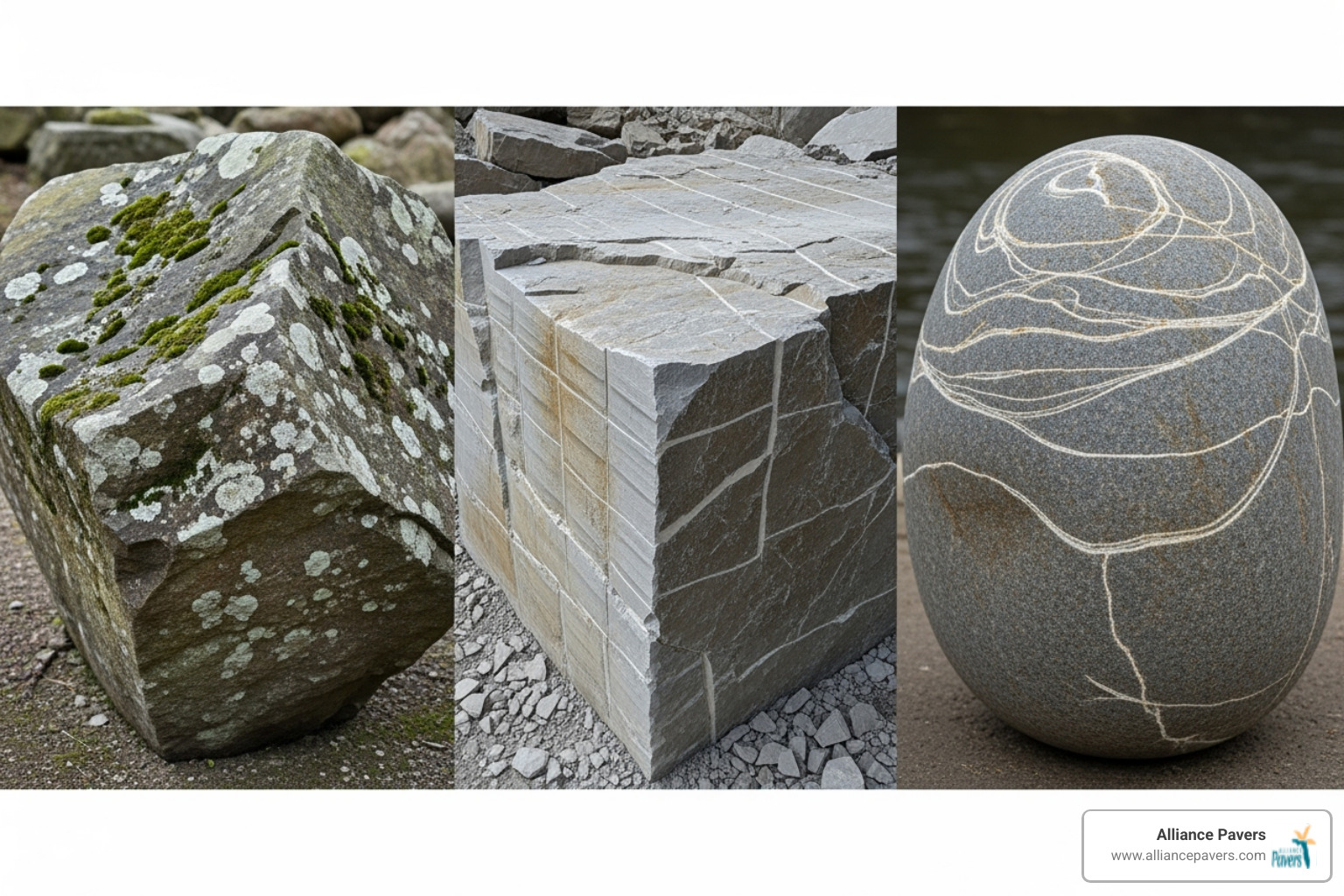 Different types of boulders side-by-side, showcasing fieldstone, quarry stone, and river-washed boulders - large boulders for retaining walls Different types of boulders side-by-side, showcasing fieldstone, quarry stone, and river-washed boulders - large boulders for retaining walls