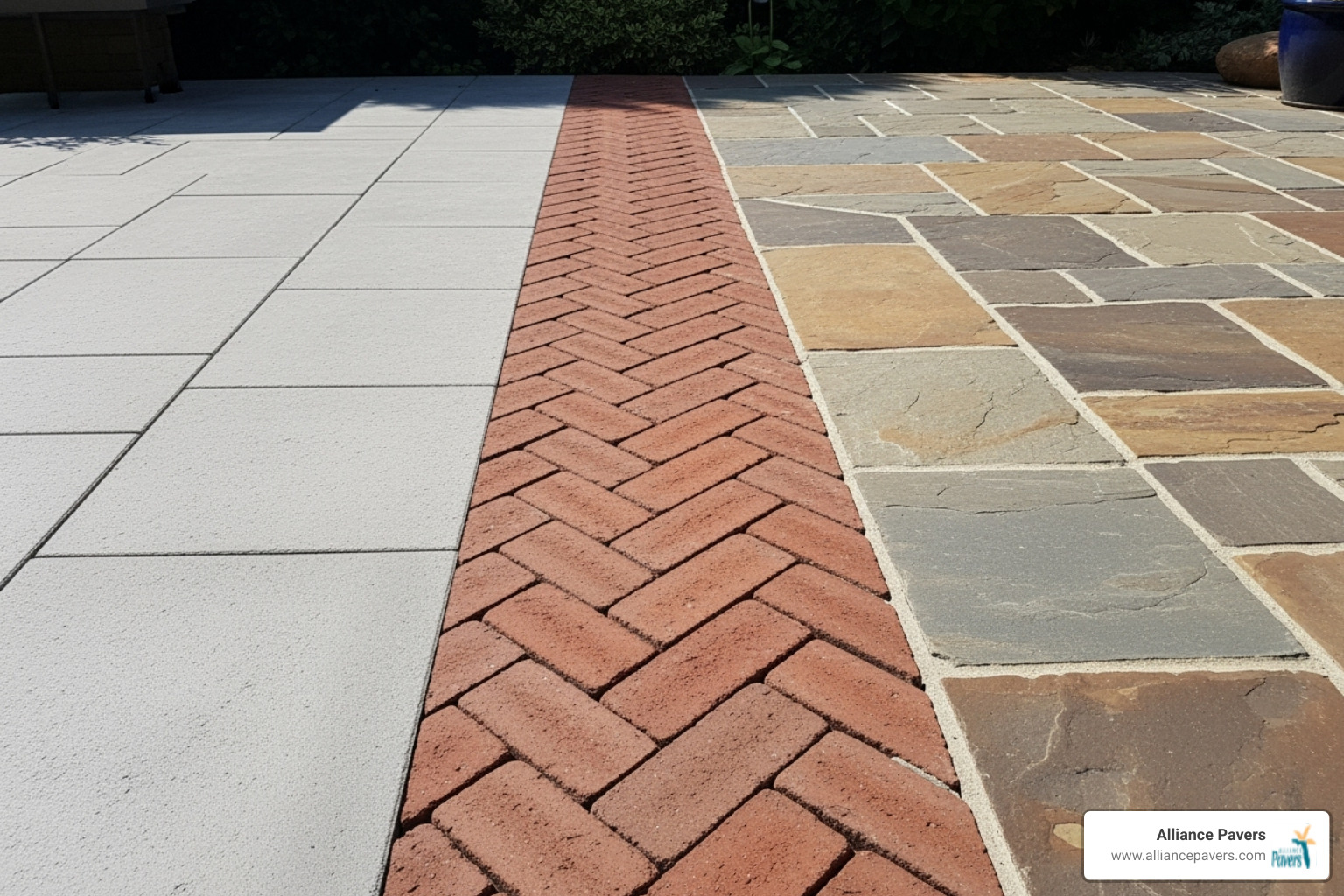 Different paver materials like concrete, brick, and natural stone - Paver patio designs Different paver materials like concrete, brick, and natural stone - Paver patio designs