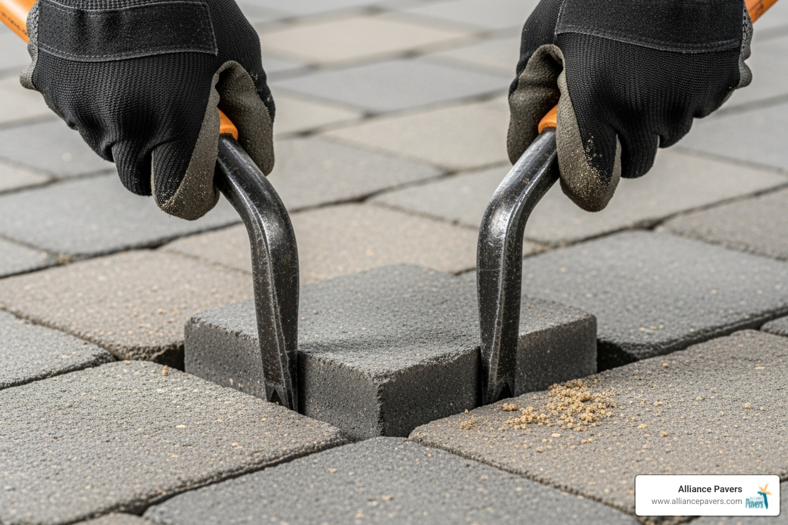 A person using pry bars to carefully lift a sunken paver from a patio - Stone patio repair A person using pry bars to carefully lift a sunken paver from a patio - Stone patio repair