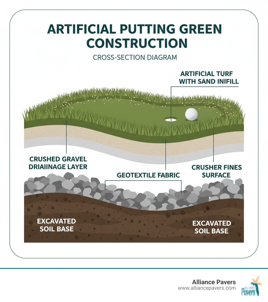 Cross-section diagram showing the layered construction of an artificial putting green installation, including excavated soil base, crushed gravel drainage layer, geotextile fabric, crusher fines surface, and artificial turf with sand infill - artificial golf green installation infographic 