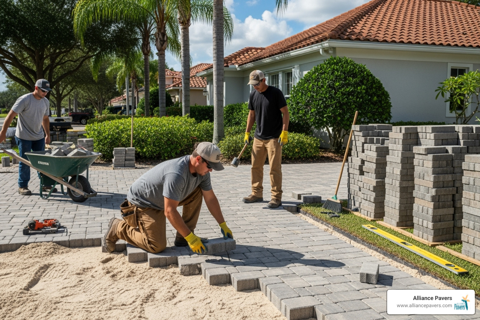 professional crew laying pavers on a prepared sand base - driveway paver installation orlando