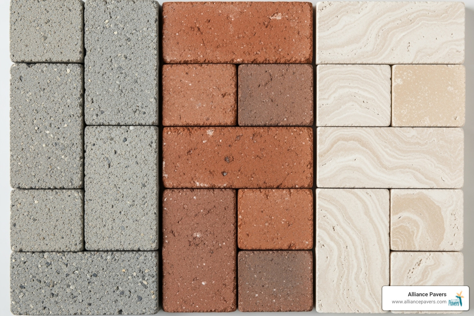 material swatch showing concrete, brick, and travertine pavers - driveway paver installation orlando