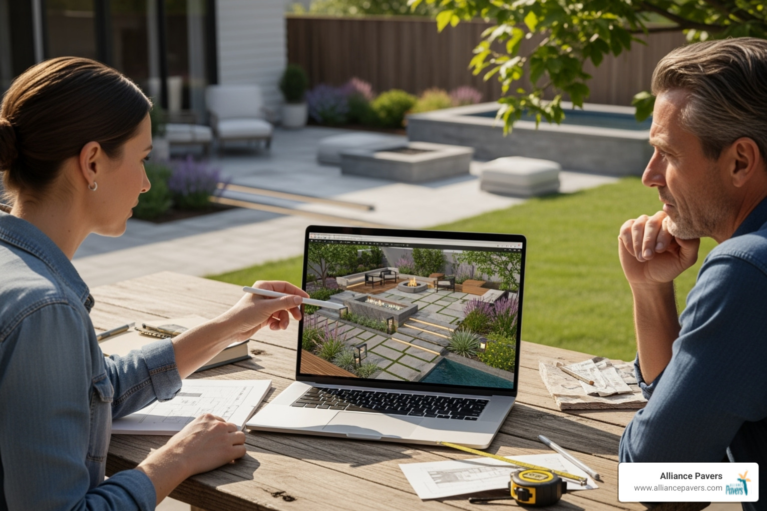 designer and client reviewing 3D renderings - custom outdoor designs