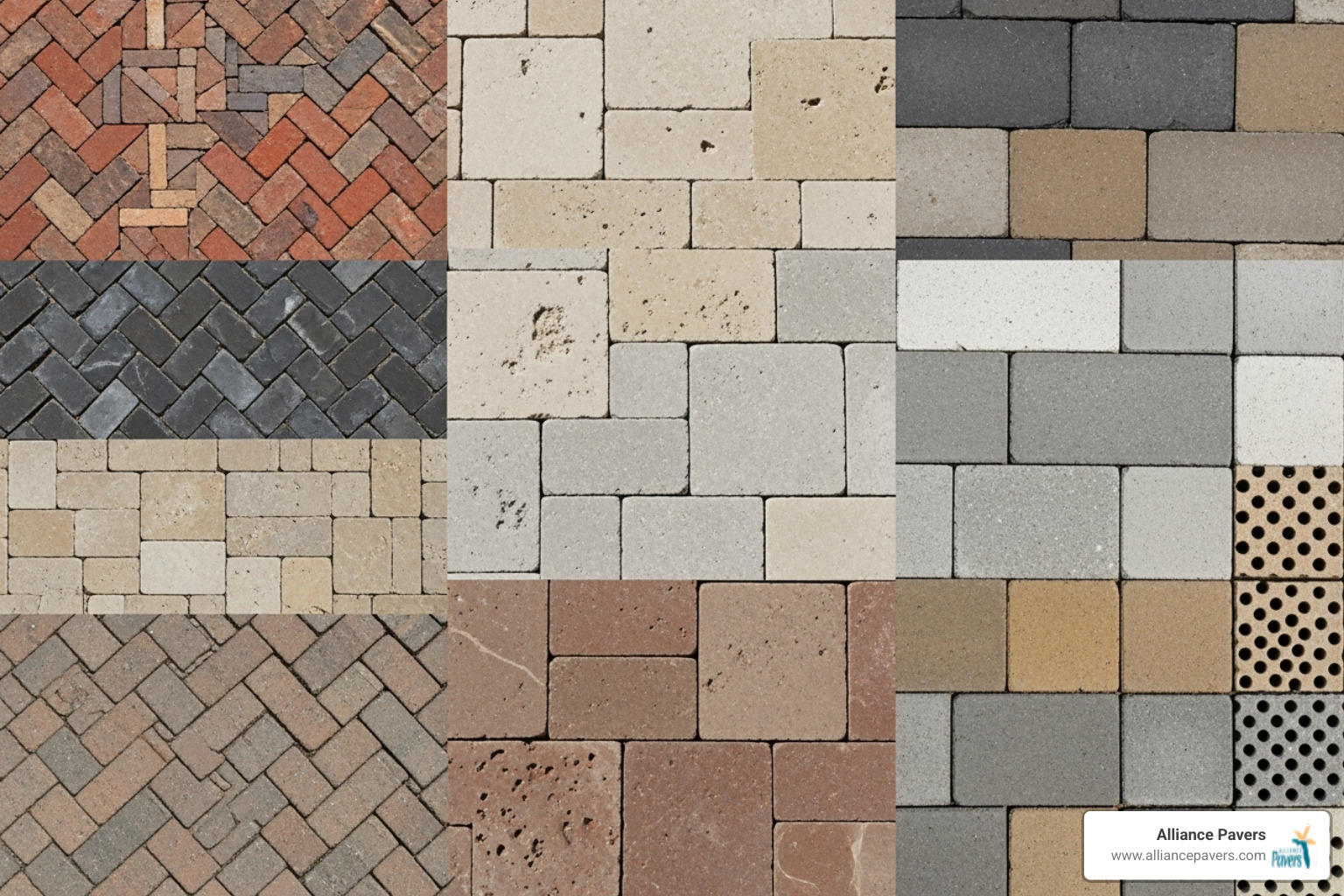 collage showcasing different paver materials like brick, travertine, and concrete pavers in various colors - driveway paver replacement orlando collage showcasing different paver materials like brick, travertine, and concrete pavers in various colors - driveway paver replacement orlando