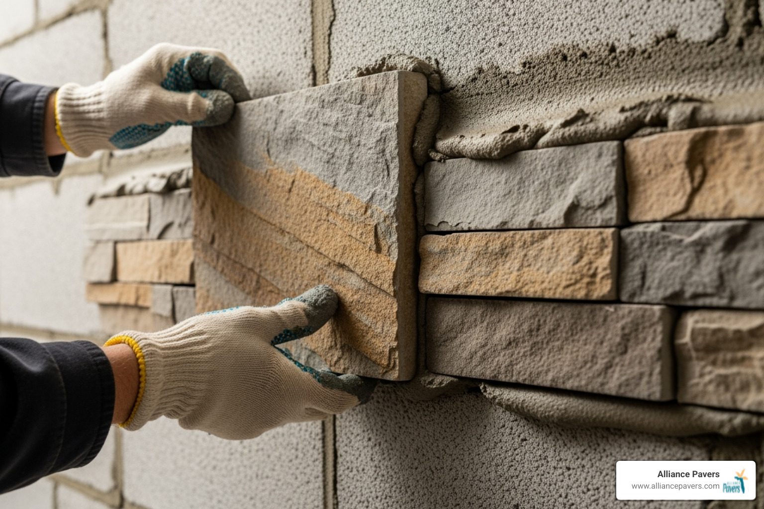 A mason carefully applying a piece of stone veneer to a mortared wall - stone veneer cinder block wall