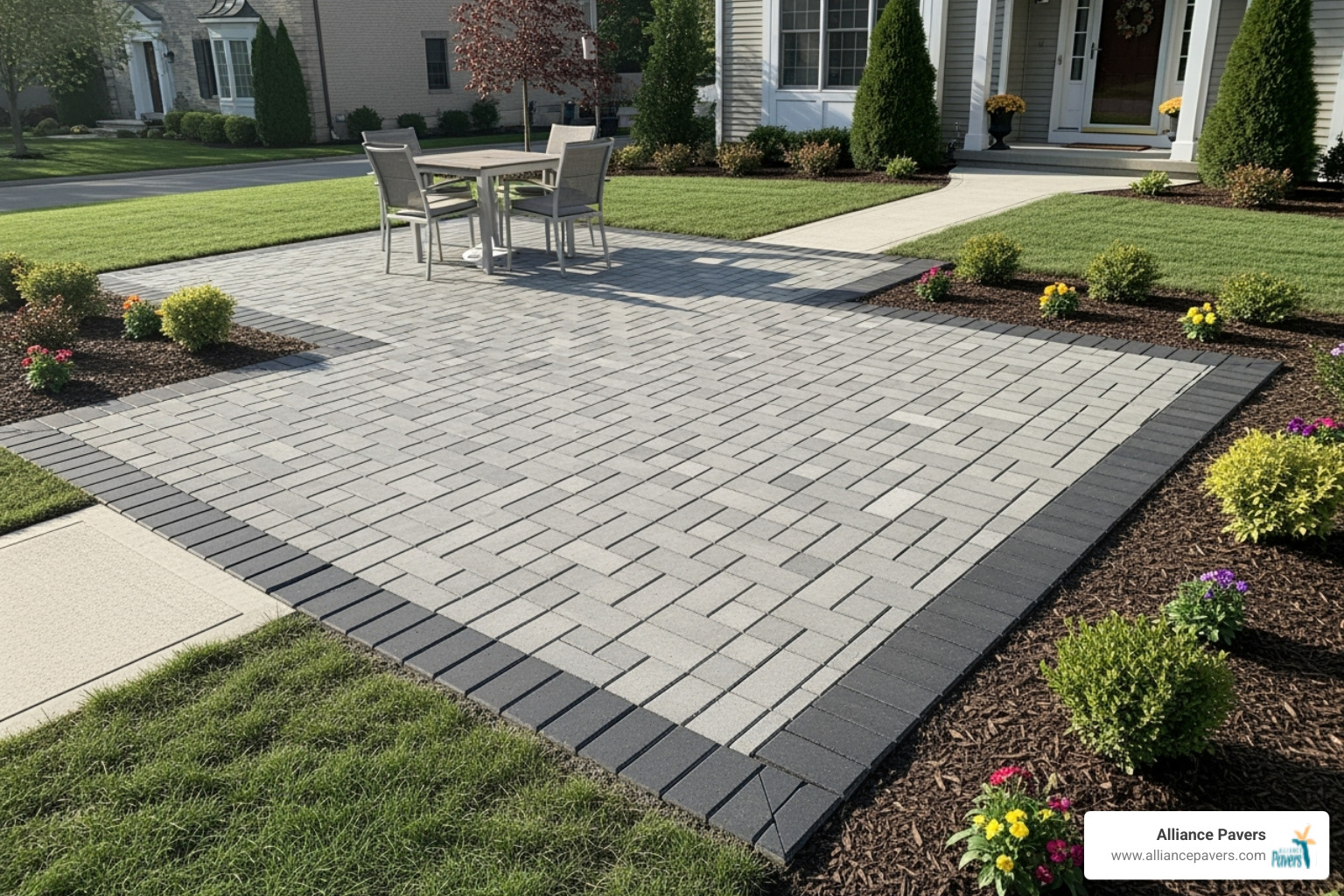 Newly installed paver patio in a front yard - front yard lounge area