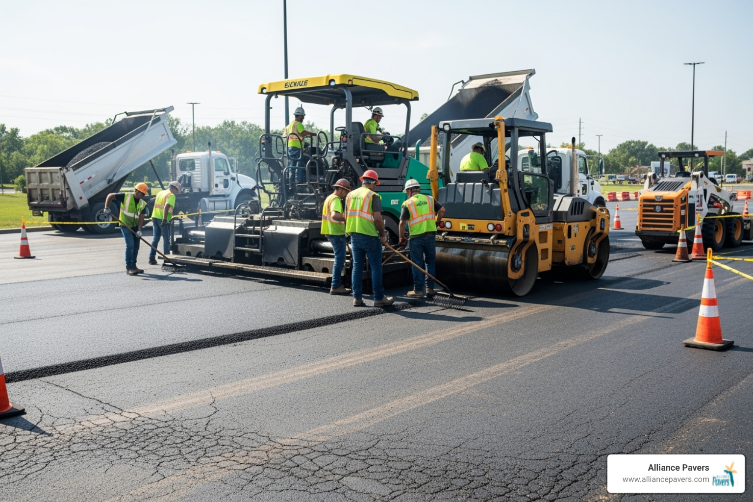 professional crew performing an asphalt overlay - repair paving