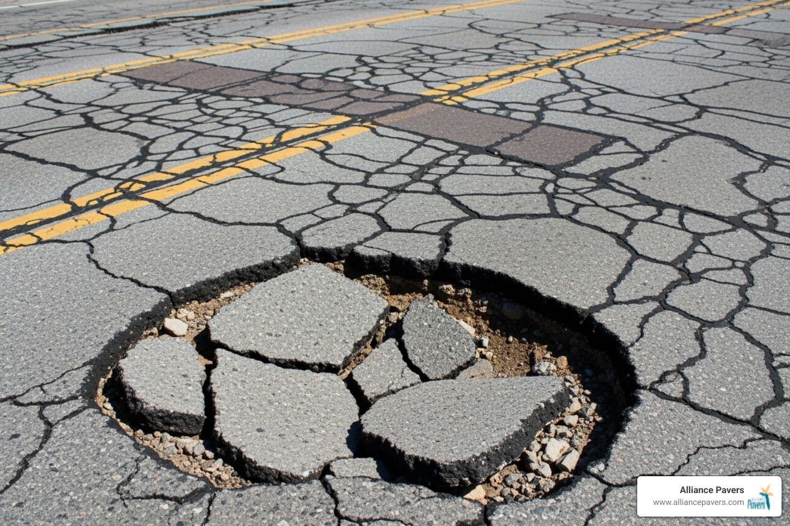 various types of pavement damage like alligator cracks and potholes - repair paving