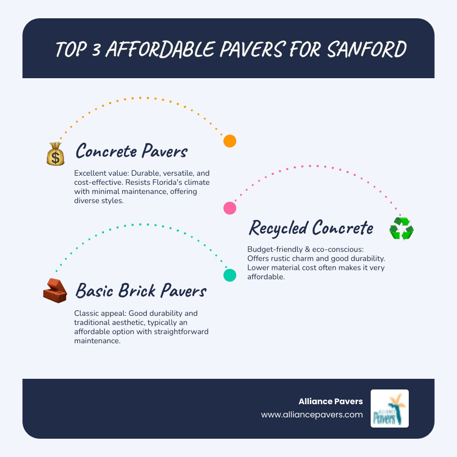 Infographic showing cost comparison between concrete pavers, recycled concrete, and brick pavers with durability ratings and maintenance requirements for Sanford Florida climate - affordable patio pavers sanford infographic infographic-line-3-steps-blues-accent_colors Infographic showing cost comparison between concrete pavers, recycled concrete, and brick pavers with durability ratings and maintenance requirements for Sanford Florida climate - affordable patio pavers sanford infographic infographic-line-3-steps-blues-accent_colors