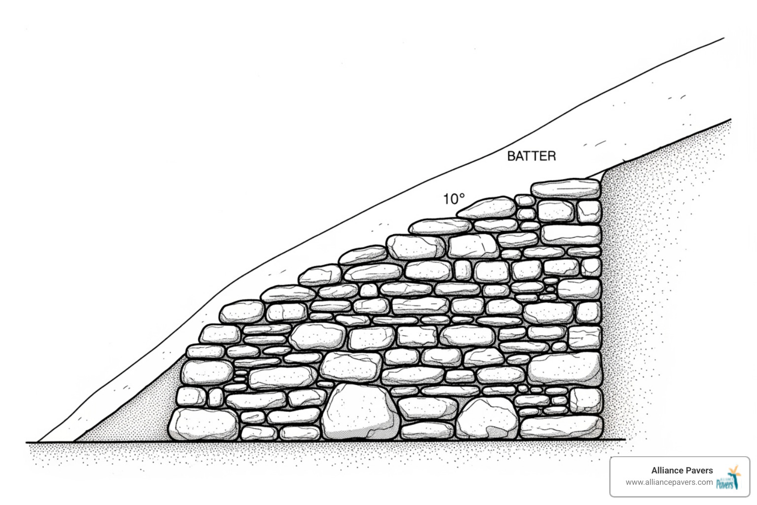 illustration of batter or lean-back in a retaining wall - how to build a stone retaining wall on a slope illustration of batter or lean-back in a retaining wall - how to build a stone retaining wall on a slope