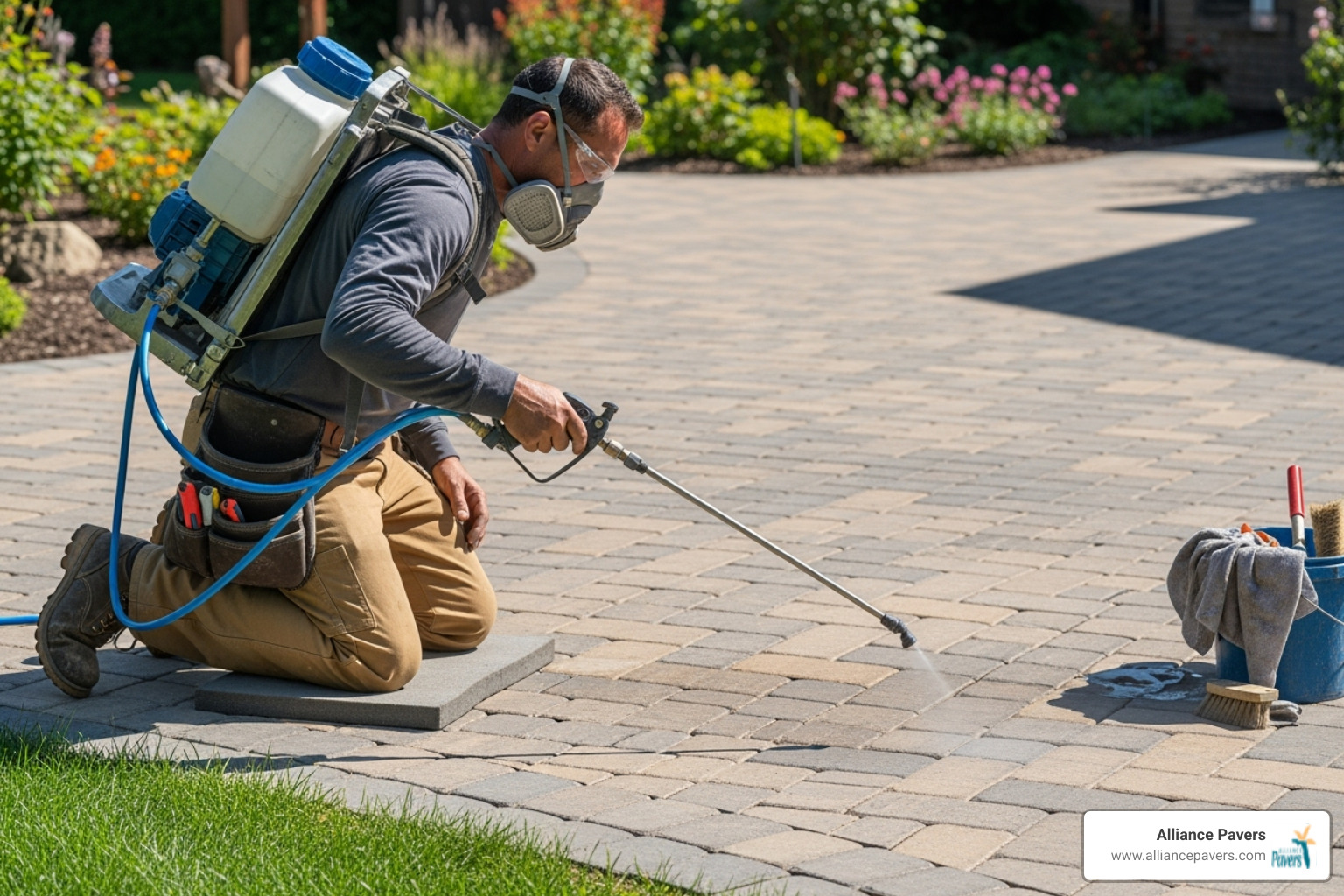 a contractor applying sealant to a paver walkway - pavers services a contractor applying sealant to a paver walkway - pavers services