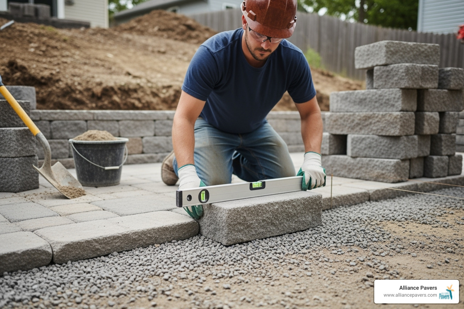 installation process showing gravel base and first course of blocks being leveled - interlocking landscaping stones retaining wall installation process showing gravel base and first course of blocks being leveled - interlocking landscaping stones retaining wall