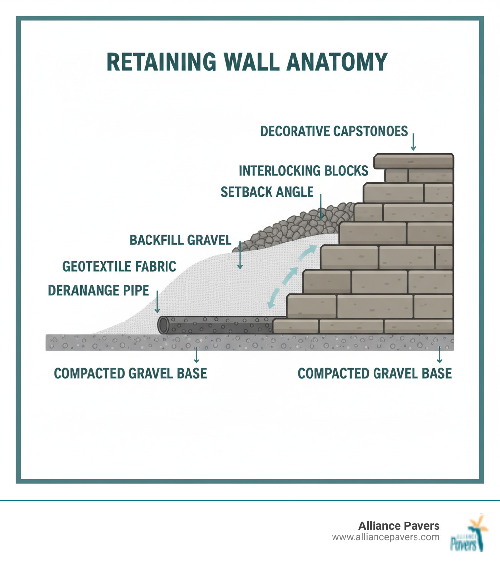 Detailed cross-section infographic showing the anatomy of an interlocking retaining wall system, including compacted gravel base layer, perforated drainage pipe, geotextile fabric, backfill gravel, interlocking blocks with setback angle, and decorative capstones on top - interlocking landscaping stones retaining wall infographic  Detailed cross-section infographic showing the anatomy of an interlocking retaining wall system, including compacted gravel base layer, perforated drainage pipe, geotextile fabric, backfill gravel, interlocking blocks with setback angle, and decorative capstones on top - interlocking landscaping stones retaining wall infographic