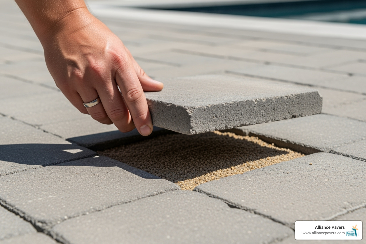 A single paver being easily lifted from a pool deck for repair - backyard pool deck pavers groveland A single paver being easily lifted from a pool deck for repair - backyard pool deck pavers groveland