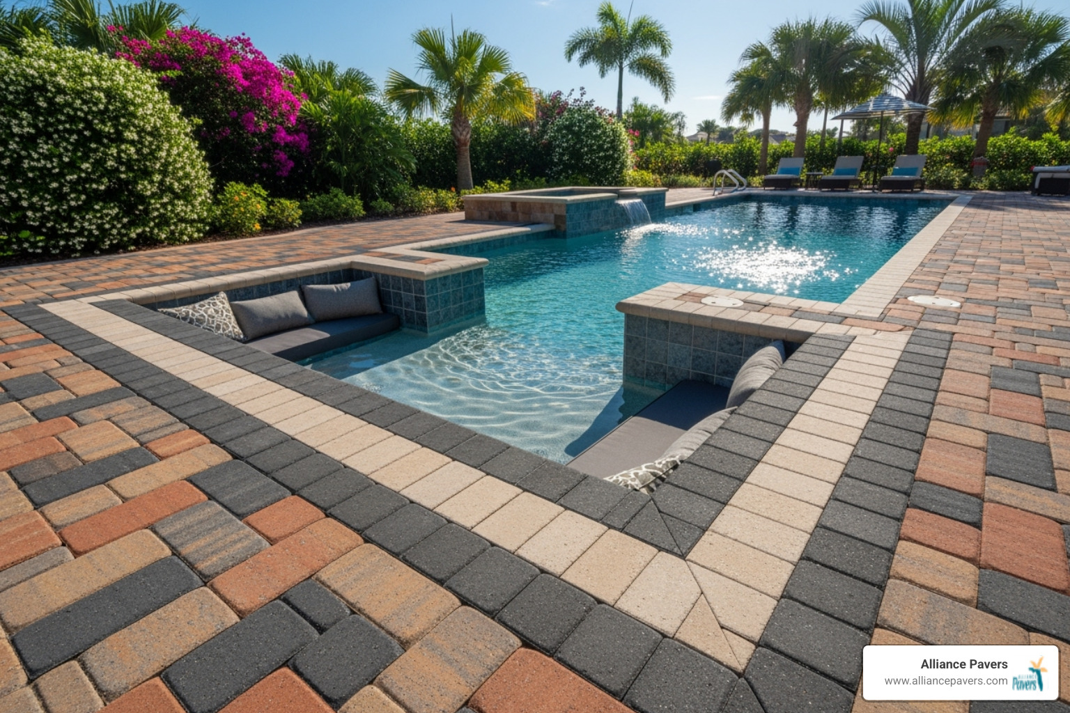 A beautifully designed multi-colored paver pool deck with a decorative border and integrated seating - backyard pool deck pavers groveland A beautifully designed multi-colored paver pool deck with a decorative border and integrated seating - backyard pool deck pavers groveland