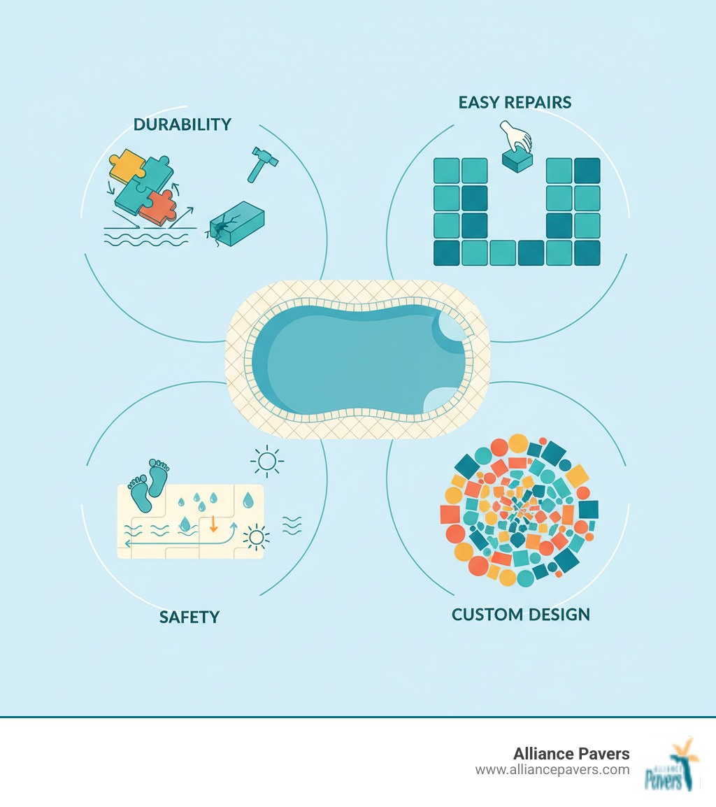 Infographic showing four key benefits of pool deck pavers: 1. Durability - Interlocking pavers flex with ground movement and resist cracking unlike solid concrete; 2. Easy Repairs - Individual damaged pavers can be replaced without affecting the rest of the deck; 3. Safety - Textured surfaces provide slip resistance and light colors stay cooler underfoot; 4. Custom Design - Available in countless colors, patterns, shapes and sizes to create your unique outdoor oasis - backyard pool deck pavers groveland infographic  Infographic showing four key benefits of pool deck pavers: 1. Durability - Interlocking pavers flex with ground movement and resist cracking unlike solid concrete; 2. Easy Repairs - Individual damaged pavers can be replaced without affecting the rest of the deck; 3. Safety - Textured surfaces provide slip resistance and light colors stay cooler underfoot; 4. Custom Design - Available in countless colors, patterns, shapes and sizes to create your unique outdoor oasis - backyard pool deck pavers groveland infographic