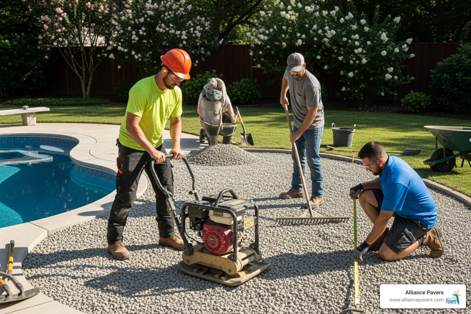 A professional crew preparing the compacted base layer for a paver installation around a pool - backyard pool deck pavers groveland A professional crew preparing the compacted base layer for a paver installation around a pool - backyard pool deck pavers groveland