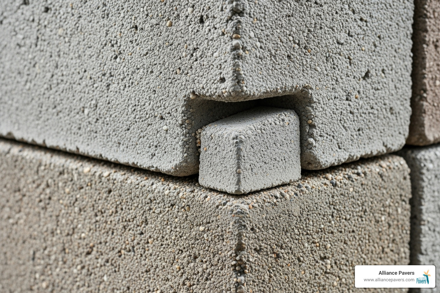 close-up of interlocking mechanism between two retaining wall blocks - interlocking retaining wall blocks