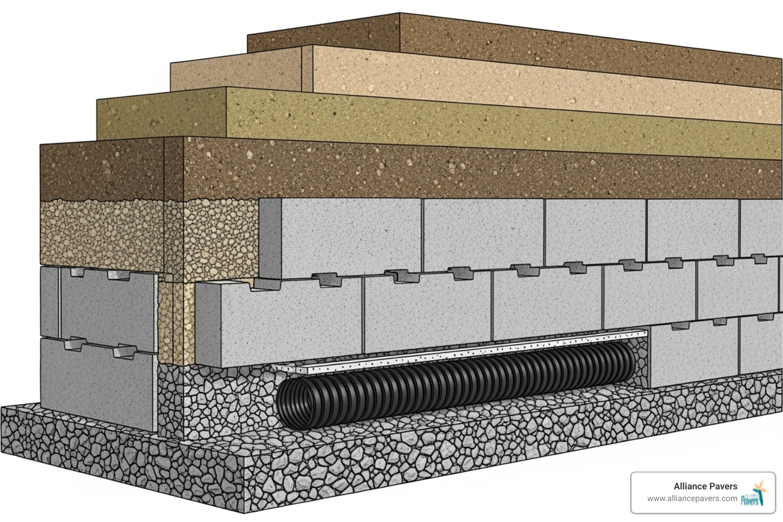 cross-section of a properly installed interlocking retaining wall with base, drainage, and backfill layers - interlocking retaining wall blocks