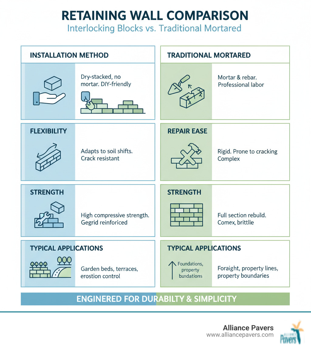 Comprehensive comparison infographic showing interlocking retaining wall blocks versus traditional mortared walls, highlighting key differences in installation method, flexibility, repair ease, strength characteristics, and typical applications - interlocking retaining wall blocks infographic 