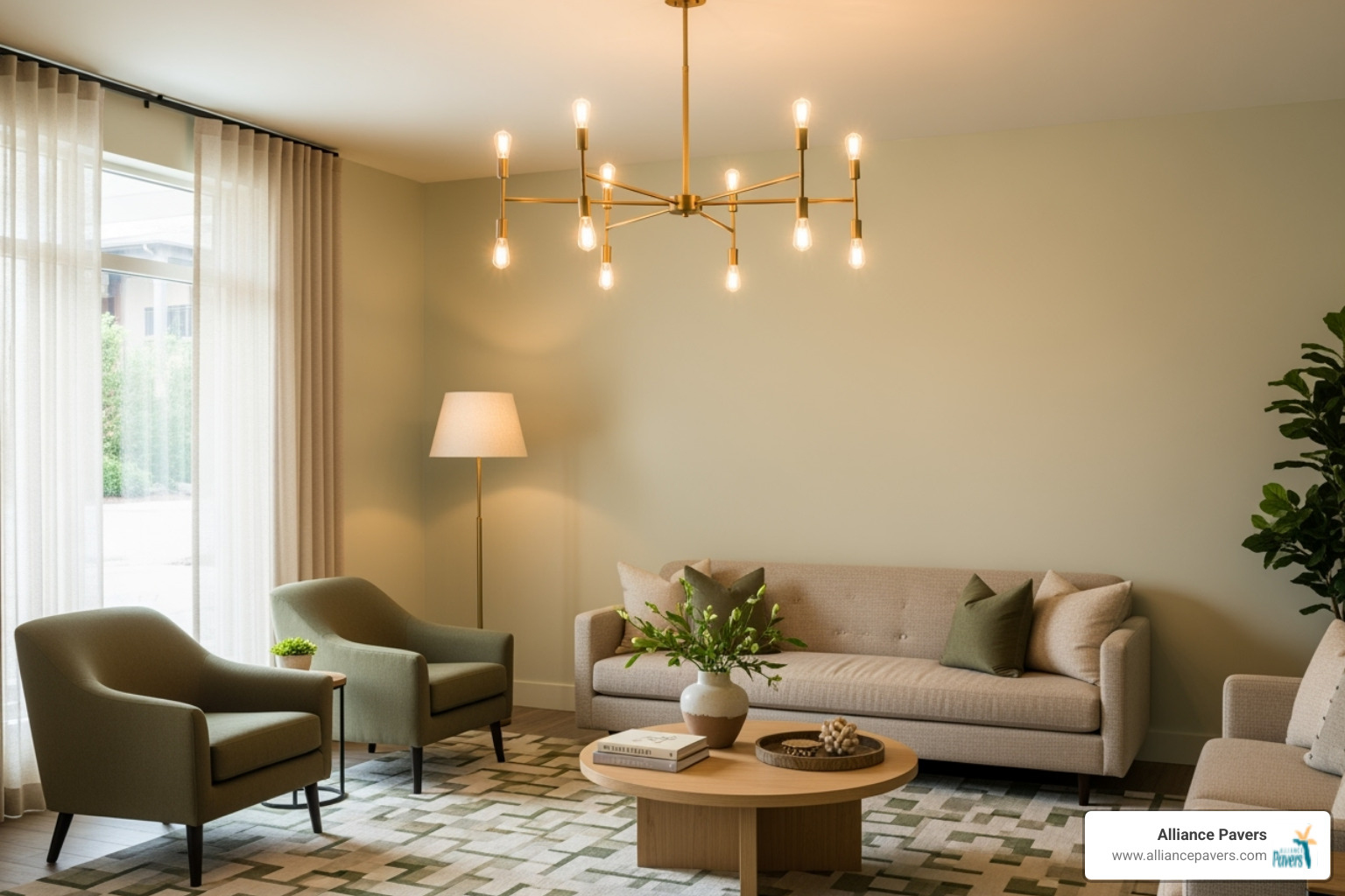 A lounge area with a distinct color palette featuring muted greens and warm neutrals, improved by layered lighting from a chandelier and floor lamp - lounge area ideas A lounge area with a distinct color palette featuring muted greens and warm neutrals, improved by layered lighting from a chandelier and floor lamp - lounge area ideas