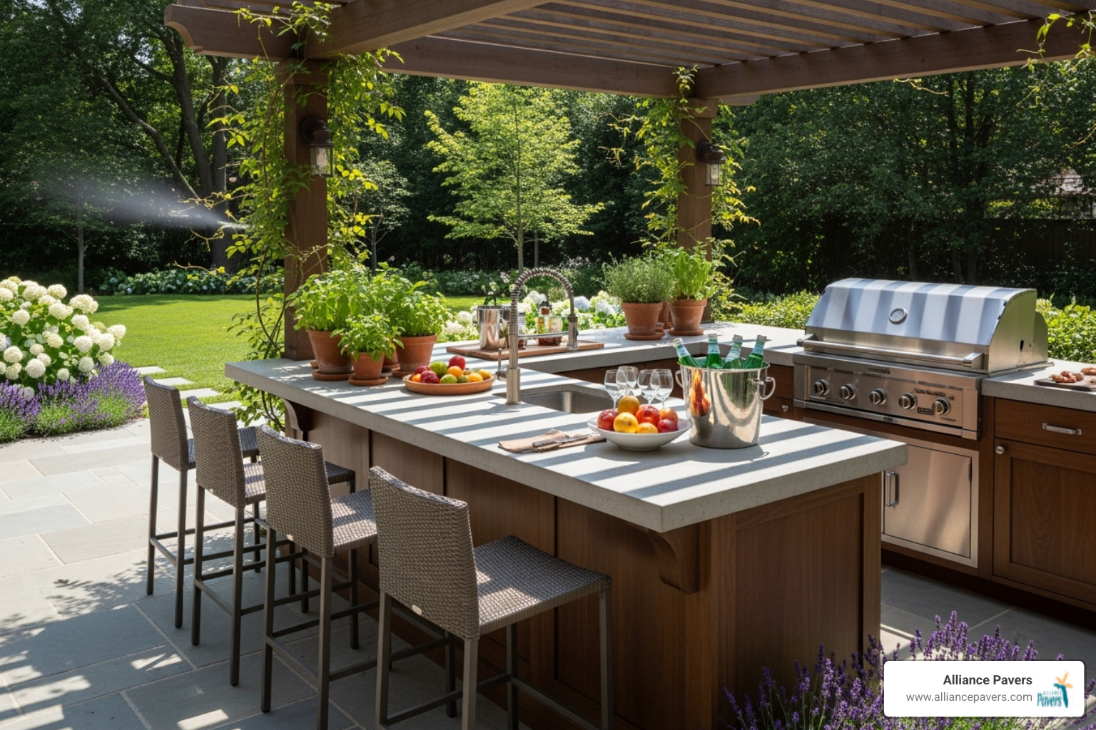 A stylish outdoor kitchen with a built-in bar, comfortable stools, and a pergola for shade - lounge area ideas A stylish outdoor kitchen with a built-in bar, comfortable stools, and a pergola for shade - lounge area ideas