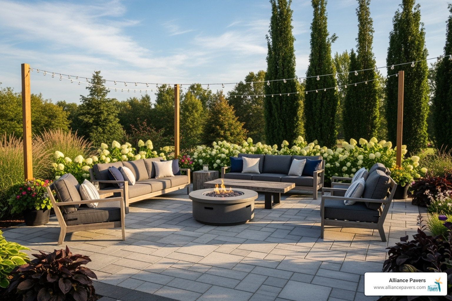 A stunning paver patio with a complete outdoor lounge setup, including comfortable seating, a fire pit, and lush landscaping - lounge area ideas A stunning paver patio with a complete outdoor lounge setup, including comfortable seating, a fire pit, and lush landscaping - lounge area ideas