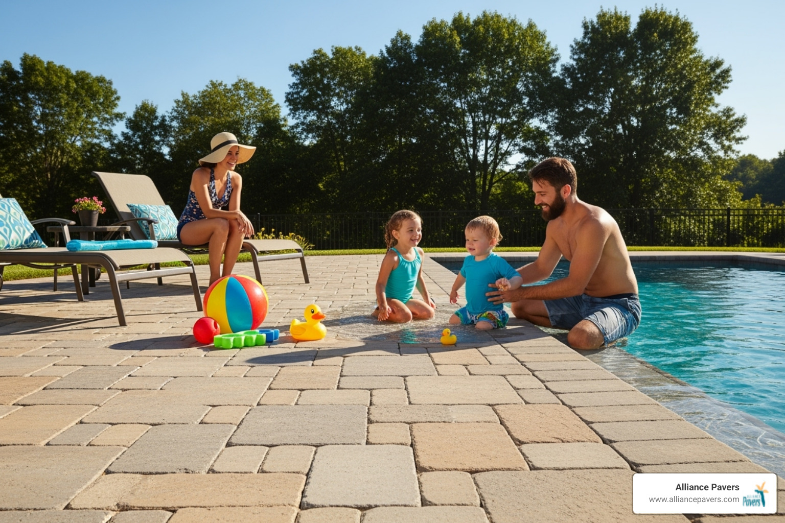 Family enjoying a safe, non-slip paver pool deck - custom pool pavers st cloud Family enjoying a safe, non-slip paver pool deck - custom pool pavers st cloud