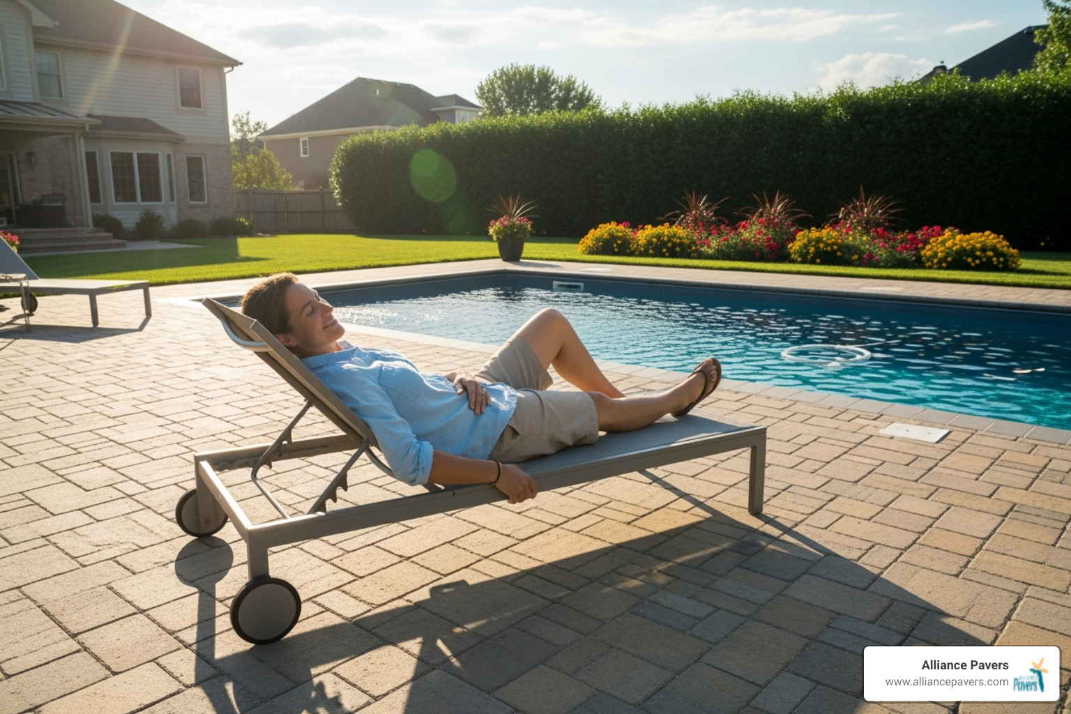 homeowner happily relaxing on a lounge chair on their new paver pool deck - durable pool pavers maitland homeowner happily relaxing on a lounge chair on their new paver pool deck - durable pool pavers maitland