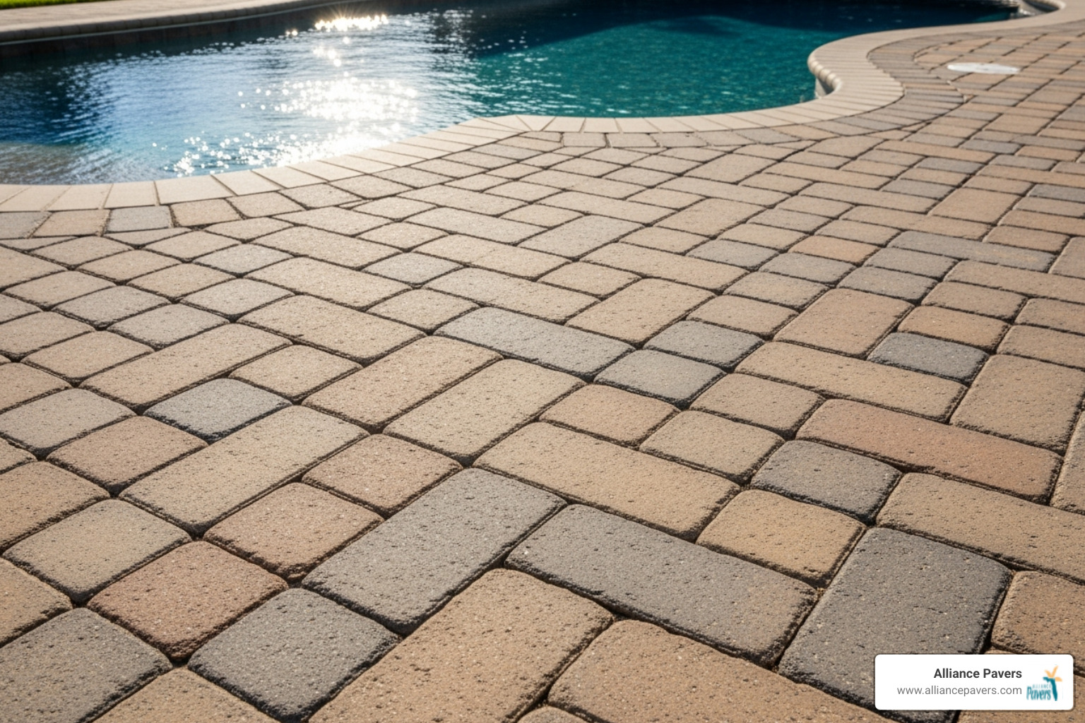 complex paver pattern like a herringbone or basketweave on a pool deck - durable pool pavers maitland complex paver pattern like a herringbone or basketweave on a pool deck - durable pool pavers maitland