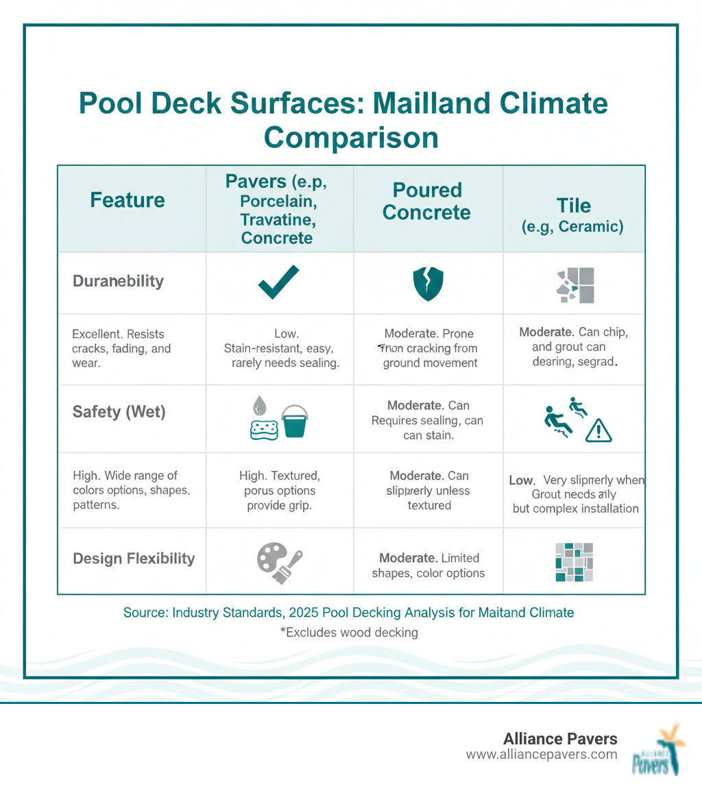 Table comparing Pavers and other traditional decking surfaces (such as poured concrete and tile, but excluding wood) on Durability, Maintenance, Safety, and Design Flexibility in the Maitland climate - durable pool pavers maitland infographic Table comparing Pavers and other traditional decking surfaces (such as poured concrete and tile, but excluding wood) on Durability, Maintenance, Safety, and Design Flexibility in the Maitland climate - durable pool pavers maitland infographic