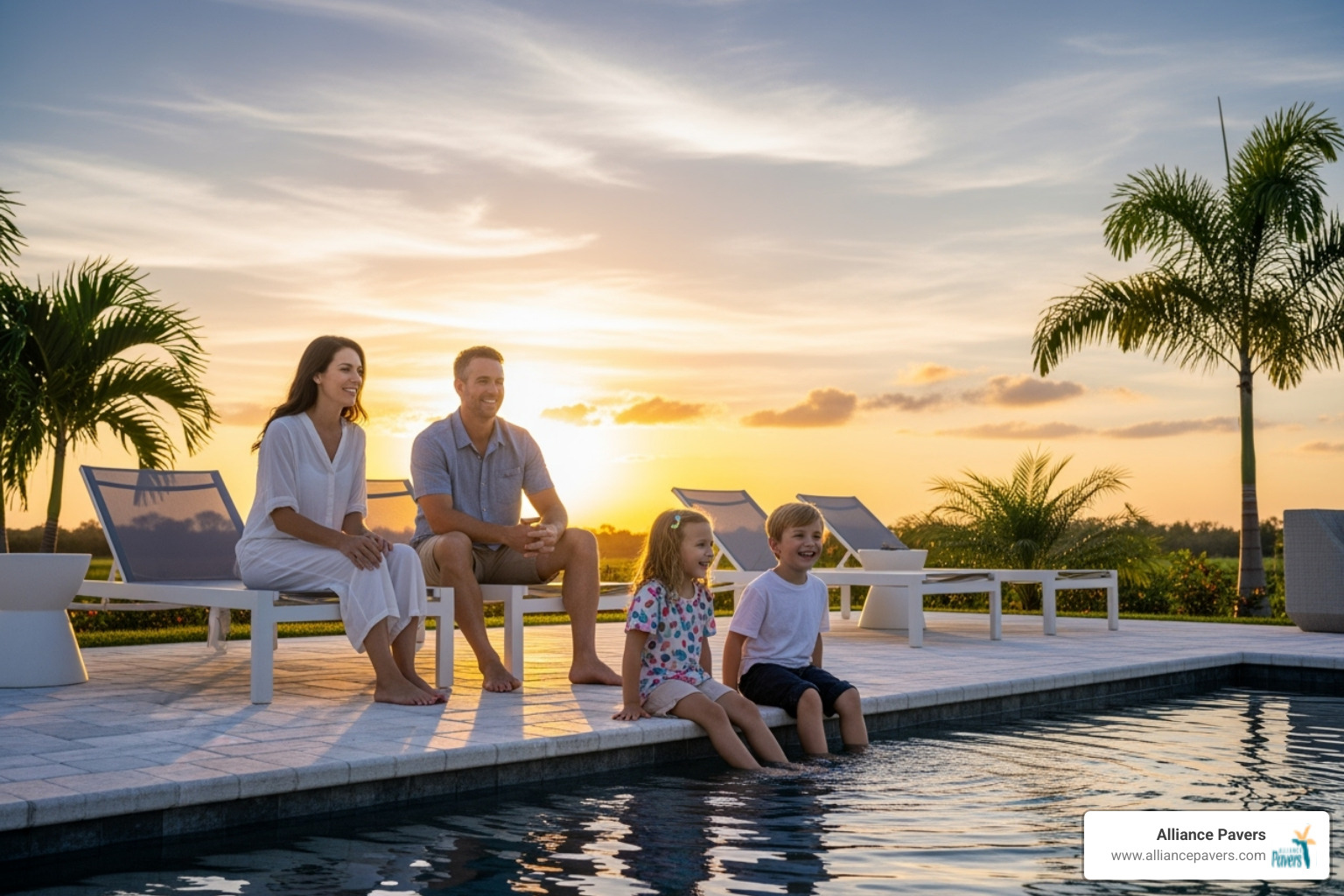 happy family enjoying their new paver pool deck at sunset - family pool deck contractors ocoee